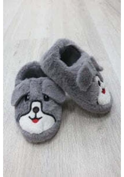Modafocus Çocuk Köpekli Peluş Panduf - Gri Gri