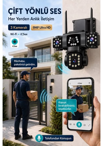 İcsee 9002 9mp 3 Lens Wifi Güvenlik Kamerası, Motorlu Gece Görüşlü Dış Mekan Kamera, 32gb Kart Ve Adaptör
