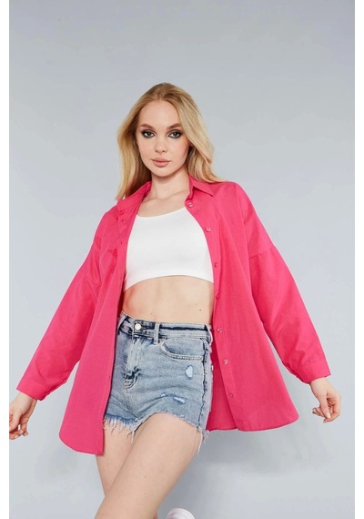 Meecy Kadın Koyu Pembe Oversize Uzun Basic Gömlek Koyu Pembe Koyu Pembe