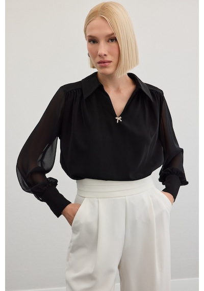 Sateen Aksesuarlı Salaş Bluz - Siyah-136471 Siyah