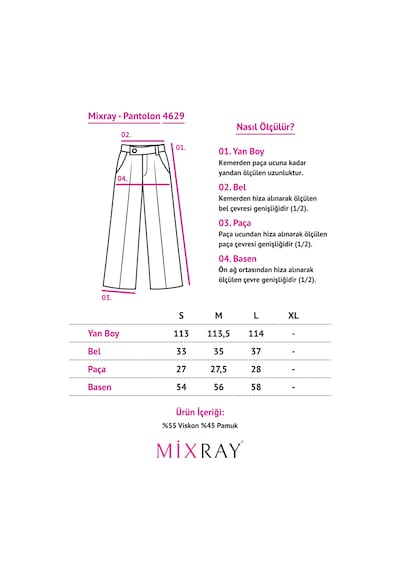 Mixray 4629 Kadın Bol Paça Yüksek Bel Viskon Palazzo Pantolon Taş