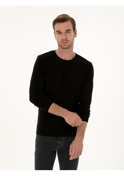 Cacharel Siyah Slim Fit Pamuk Karışımlı Bisiklet Yaka Basic Triko Kazak