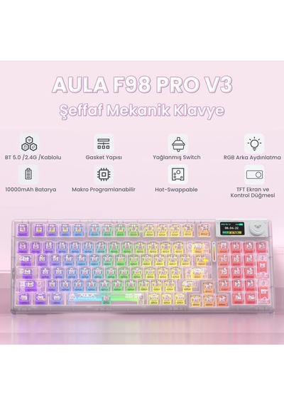 Aula F98 Pro V3 Oled Ekranlı Crystal Switch Makrolu Kablosuz Rgb Hot-swap Gasket Pre-lubed Switch Mekanik Klavye Şeffaf Pembe