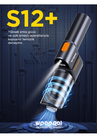 S12+ 3'ü 1 Arada Katlanabilir Araç Süpürgesi Güçlü Vakum, Üfleme Ve Evcil Hayvan Tüyü Temizleme 0 - 250 Watt