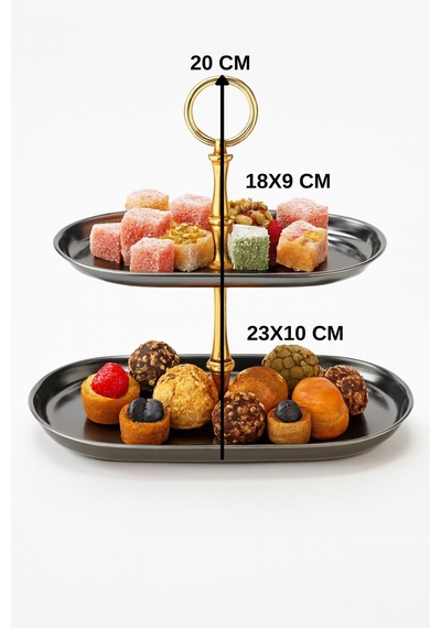 Gold Tutamaçlı 2 Katlı Metal Sunumluk Lokumluk & Pasta Servisi