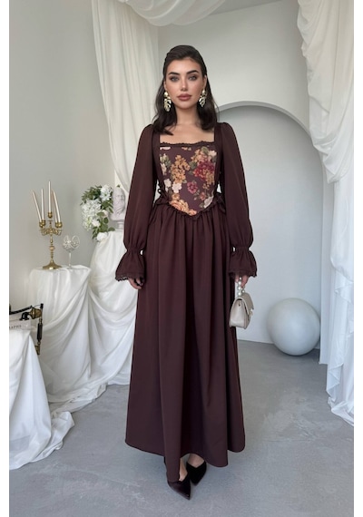 Nils Boutique Vintage Korsajlı Midi Elbise Kahverengi