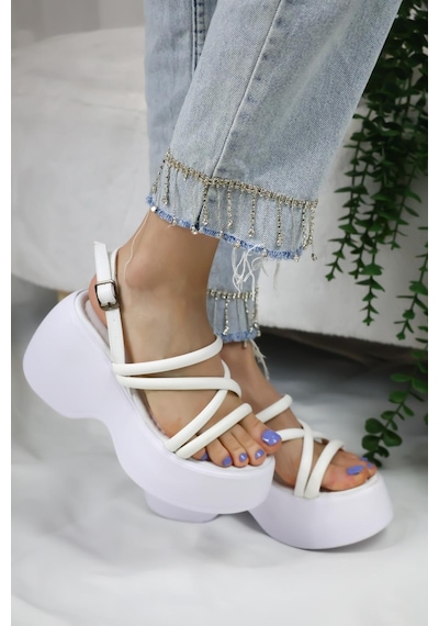 Asmi Shoes Kadın Paris Kalın Taban 9 Cm Ortopedik Sandalet Beyaz Beyaz