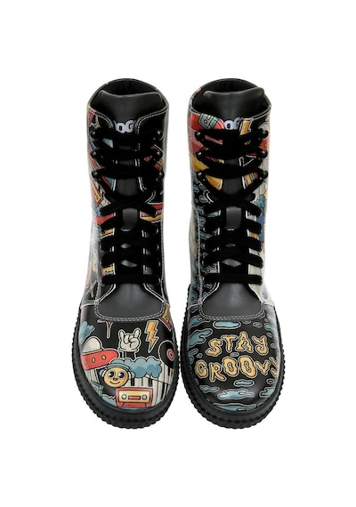 Kadın Vegan Deri Siyah Uzun Bot - Stay Groovy Tasarım Multicolor