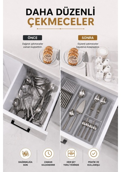 Çekmece İçi Bıçaklık Organizer Bölmeli Mutfak Düzenleyici Gri S-11029