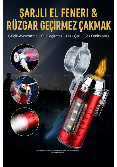Çok Fonksiyonlu Şarjlı Led El Feneri & Rüzgar Geçirmez Elektrikli Çakmak Çok Renkli