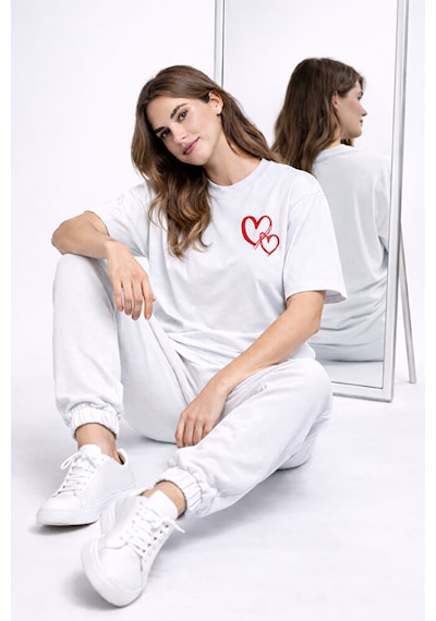 Sevgili Kombini Kalp Baskılı Oversize Çift Tişört Unisex Uyumlu P Beyaz
