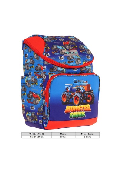 Kaukko İki Bölmeli Ergonomik Erkek Çocuk Okul Çantası Lacivert Kırmızı - Kamyon Desenli - L5257 Lacivert - Kırmızı