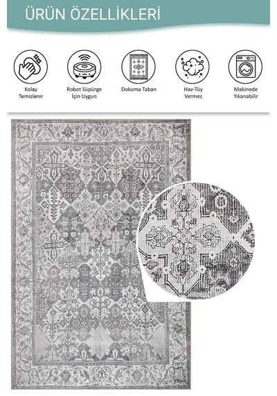 Stonart Eskitme Vintage Desenli Gri Otantik Yıkanabilir Şönil Halı Al 446 gri