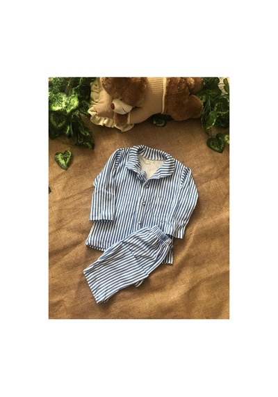 Megalaksi Erkek Çocuk Önden Düğmeli Çizgili Mavi Gaffur Pijama Takımı