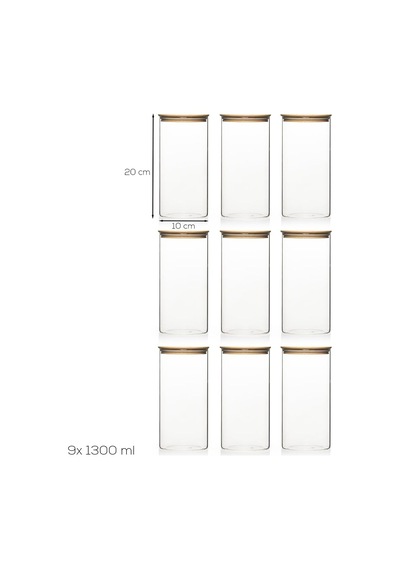 2-3 Bambu Vakumlu Kapaklı Yuvarlak Borosilikat Cam 9lu Kavanoz Seti Saklama Kabı 1300ml 10x20cm Diğer