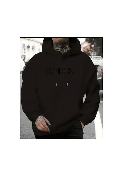 Herkesemoda London Baskılı Kapşonlu Siyah Sweatshirt Siyah