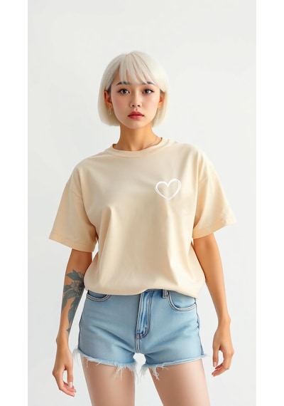 Hearts Baskılı Tasarım Tshirt Bej