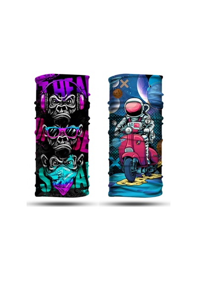 Dair Maymun - Motorlu Astronot Desenli 2'li Set Boyunluk Bandana Outdoor Balaklava Yüz Maskesi Kafa Bandı