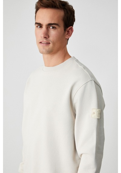 Grimelange OLLIE Erkek Bisiklet Yaka Regular Uzun Kollu Nakış Detaylı Bej Sweatshirt