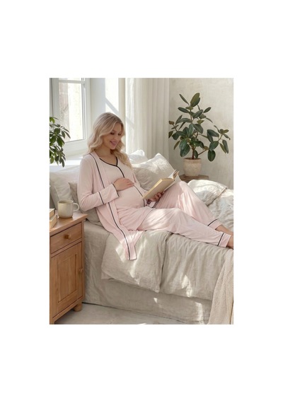 Hafsara Viscoz Yumuşak Dokulu Önden Düğmeli Sabahlıklı Lohusa Pijama Takımı Pembe