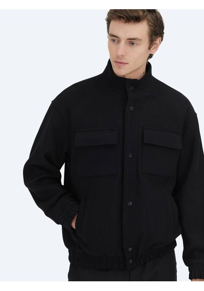 Kip Siyah Comfort Fit Dik Yaka Casual Dokuma Mont Siyah