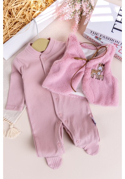 Babymod Peluş Yelekli Pamuklu İkili Kız Bebek Tulum Set Gülkurusu