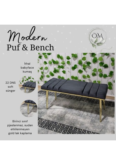 Özcan Metal Gold Metal Ayaklı Metal Kasalı Bench Mutfak Salon Antre Yatak Odası Balkon Puf Bank Füme