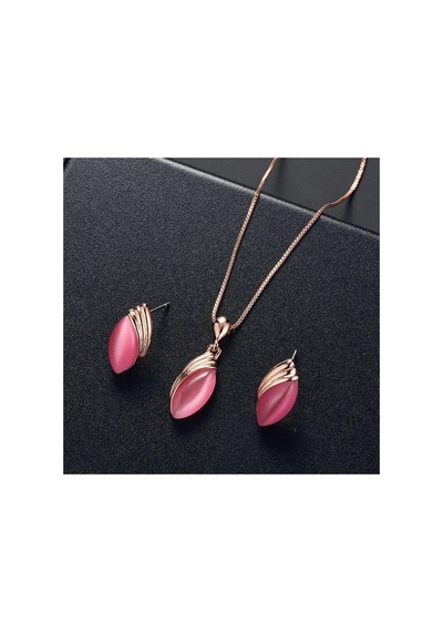 Almond Rose Gold Kristal Taşlı Modern Tasarım Hediye Kolye Küpe Seti Rose Pembe