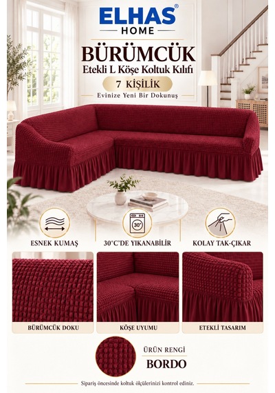 Bürümcük Kumaş 7 Kişilik Etekli L Köşe Koltuk Kılıfı Bordo - 934823050 Bordo