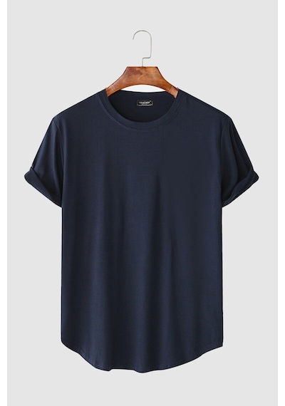 Erkek Lacivert Kolları Katlı Oval Kesim Cepsiz Bisiklet Yaka T-shirt Lacivert