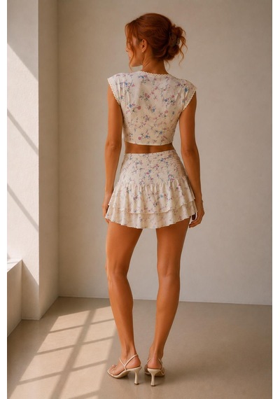 Alexandergardi Floral Dantel Detaylı Crop Top Ve Etek Ekru