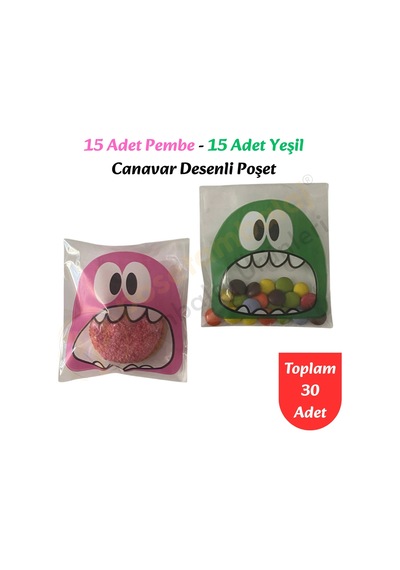30 Adet Pembe-yeşil Renkli Canavar Desenli Cake Pop & Kurabiye Poşeti-10x15 Cm