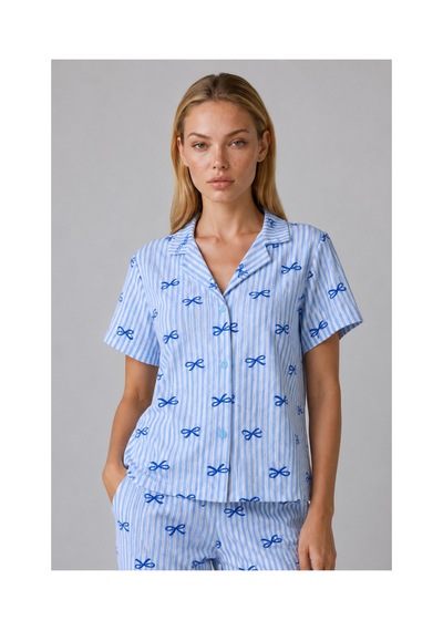 Fit Women Mavi Kurdele Desenli Çizgili Bürümcük Pijama Takımı 4645-mavi