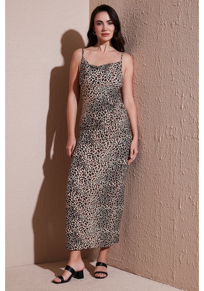 Lela Büzgü Detaylı Slim Fit Yırtmaçlı Uzun Boy Asimetrik Yaka Bayan Elbise 5866291 Leopar