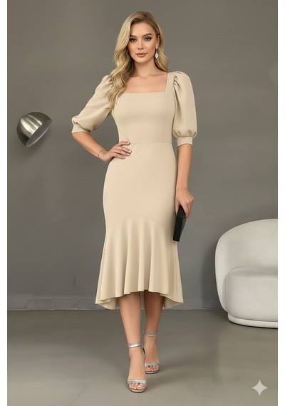 Defymoda Kadın Balık Model Cazibeli Elbise Bej