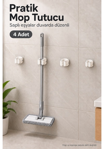Yapışkanlı Mop Süpürge Tutucu 4'lü Set Fırça Askısı Çok Renkli