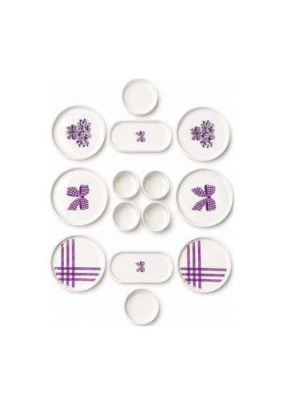 Lila Gift 14 Parça 6 Kişilik Stackable Seramik Tabak Seti Premium Sunum & Kahvaltı Takımı- Lüks Mor Fiyonklu Çeyizlik Sunum Seti Beyaz