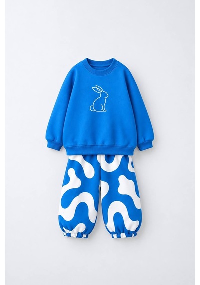 Tavşan Baskılı Mavi Sweatshirt Desenli Eşofman Kız & Erkek Çocuk 3ip Alt Üst Takım