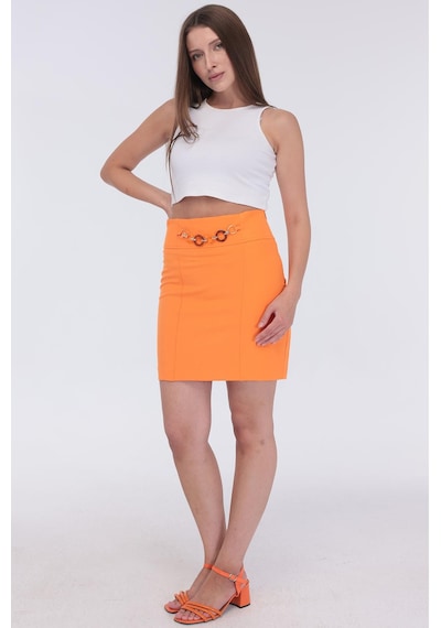 Selectmoda Kadın Zincir Toka Detaylı Modern Şık Mini Etek Turuncu
