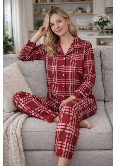 Tenra Kadın Pijama Takımı Licralı Boydan Düğme Bordo