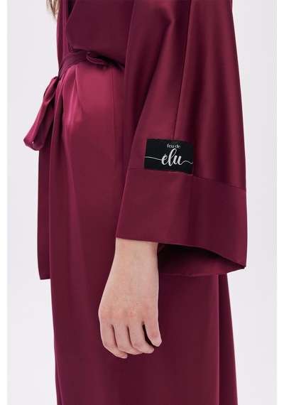 Frappant Bordo Uzun Saten Sabahlık / Kimono Bordo