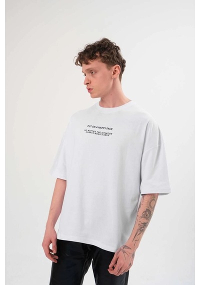 Moda Assema Erkek Bisiklet Yaka Baskılı Oversize Kısa Kol T-shirt - Beyaz Çok Renkli