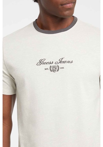 Guess Erkek Logo Baskılı Slim Fit T-shirt - Kırık Beyaz / Gri 444349