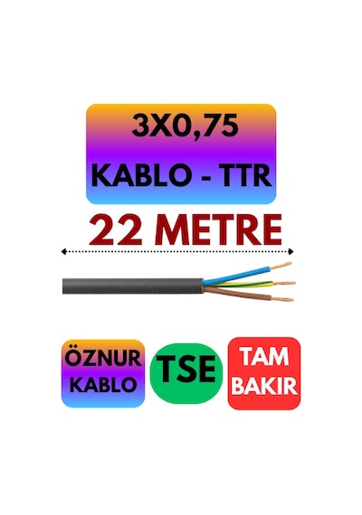 Öznur 3x0,75 Ttr Kablo Siyah Metre Seçenekli - 22 Metre