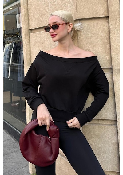 Madmext Siyah Kayık Yaka Kadın Sweatshirt Mg2239 Siyah