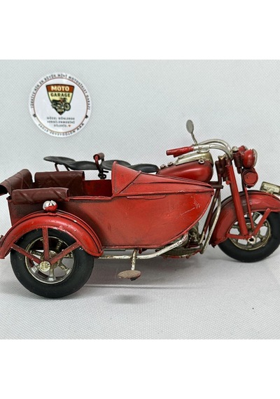 El Yapımı Dekoratif Yan Sepetli Kırmızı Motosiklet Model Metal Biblo & Vintage Maket 18 Cm