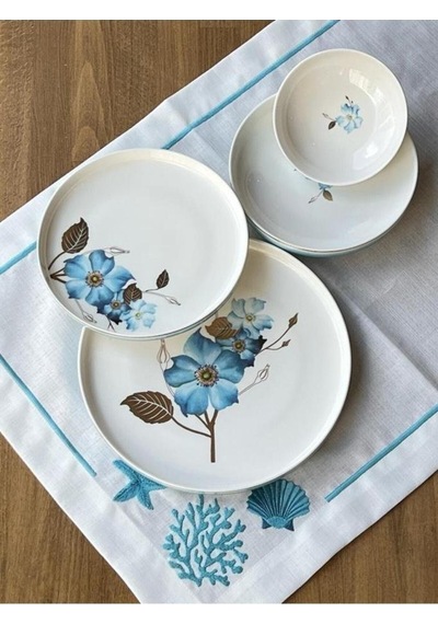 Sembol Blue Rose Mavi Gül Desen Bone Chine Porselen 24 Parça Yemek Takımı Vogue008