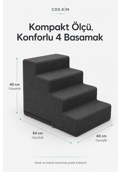 4 Basamaklı Kedi Köpek Merdiveni 54x40x40 Cm, Fermuarlı Yıkanabilir Kılıflı Sert Sünger