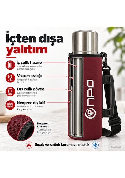 Npo Nt01 2 Katman Vakum Teknolojili 24h Sıcak 48h Soğuk 72h Buzlu Koruma Çelik Termos Bordo Kılıflı