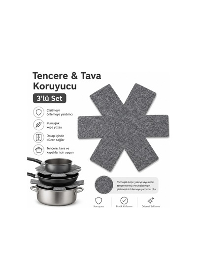 Tencere Tava Koruyucu Keçe Ayırıcı 3 Lü Set Çizilmeyi Önlemeye Yardımcı Gri Koruyucu Ped